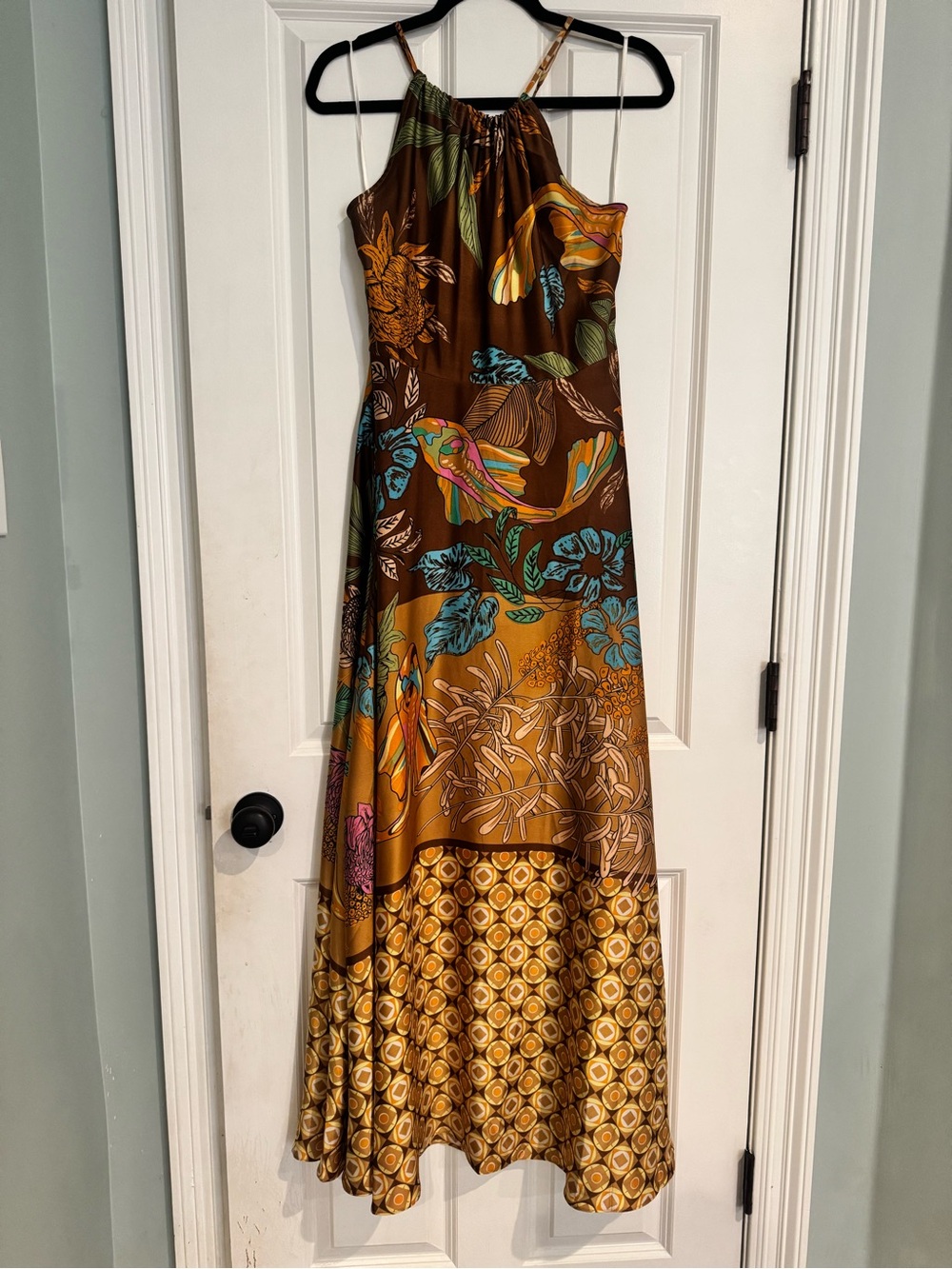 fab'rik Brown Maxi Dress with Teal, Mustard & Pink Floral Print